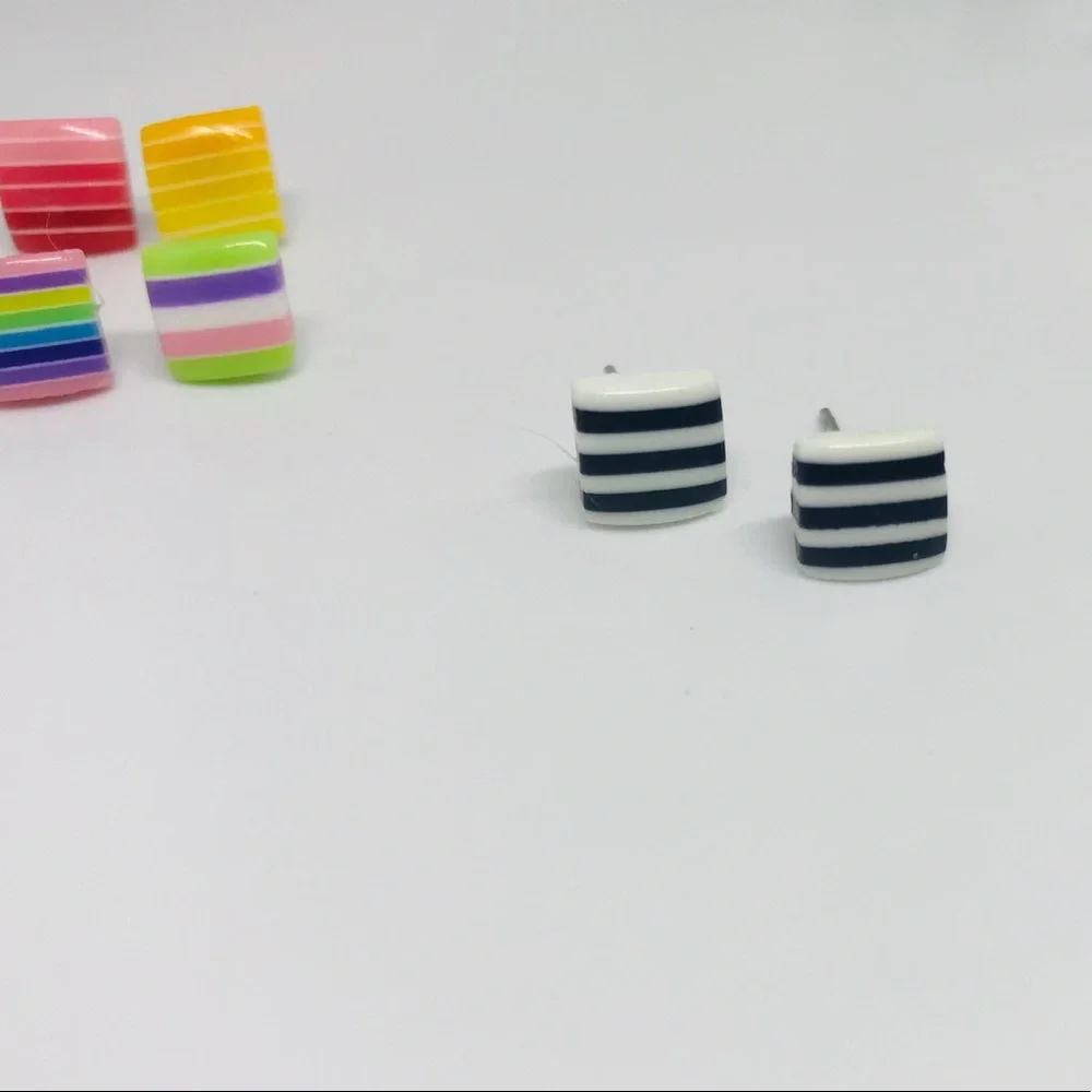 Black & White Minimalist Repurposed Vintage Striped Bead Stud Earrings